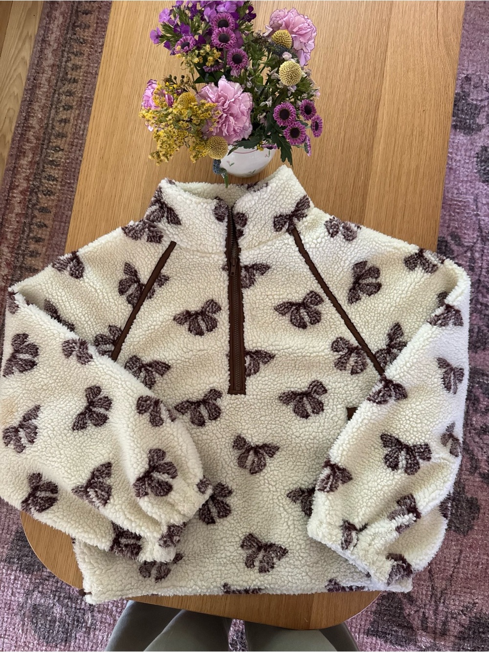 Cozy Cream Sherpa Pullover Sweater with Bow Print